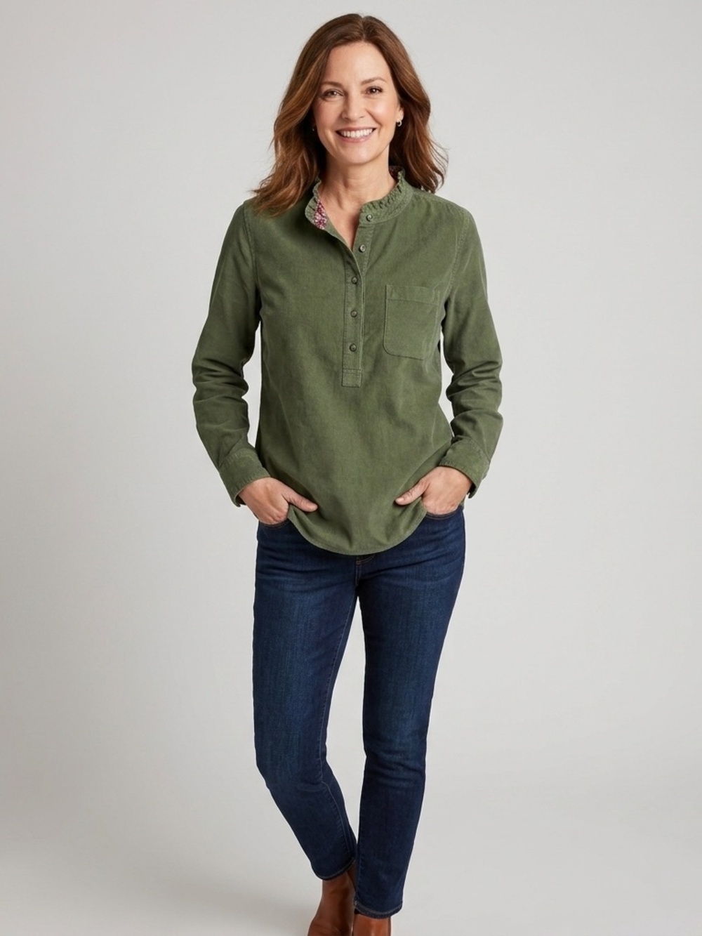 Talbots Olive Green Fine Wale Corduroy Ruffle Collar Henley Top XL BD2706